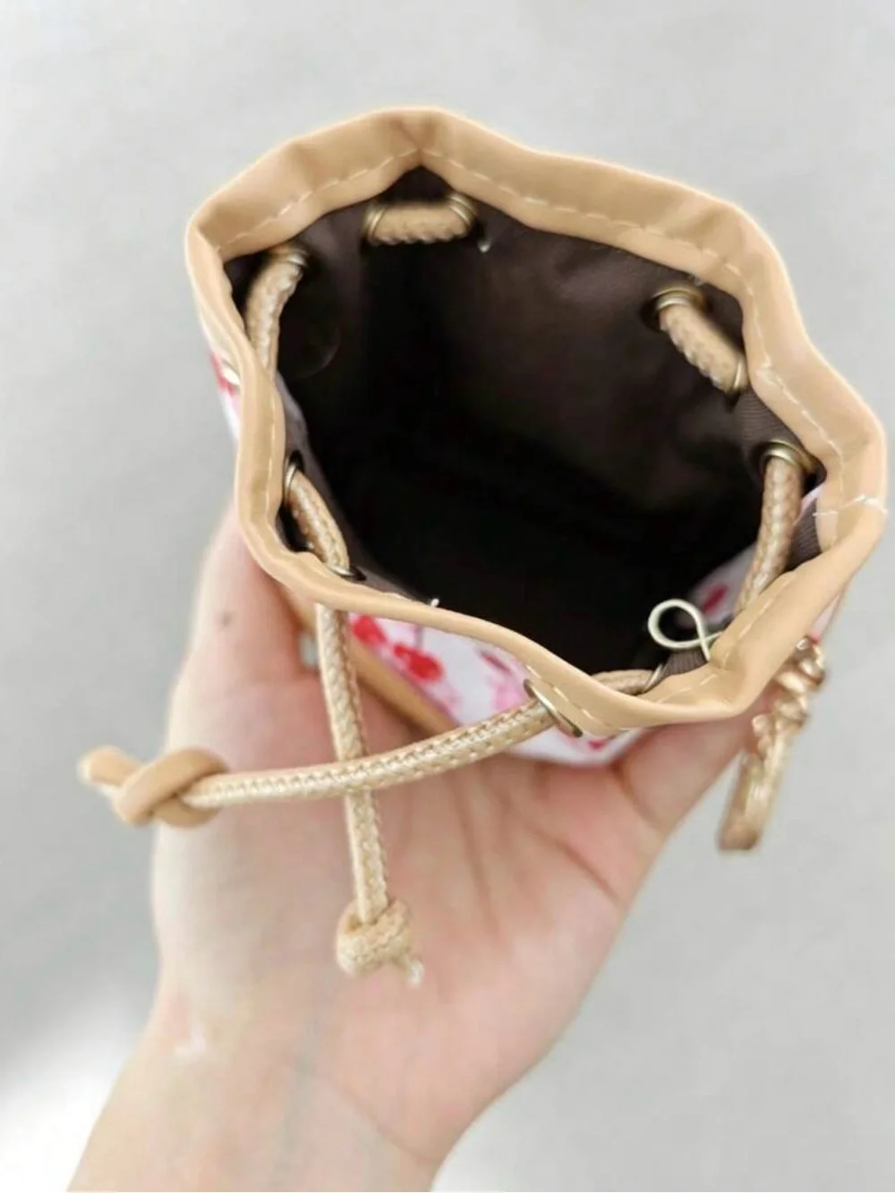 Keychain/Bag Charm Cherry Print Mini Drawstring Bucket Bag - Pink/Beige